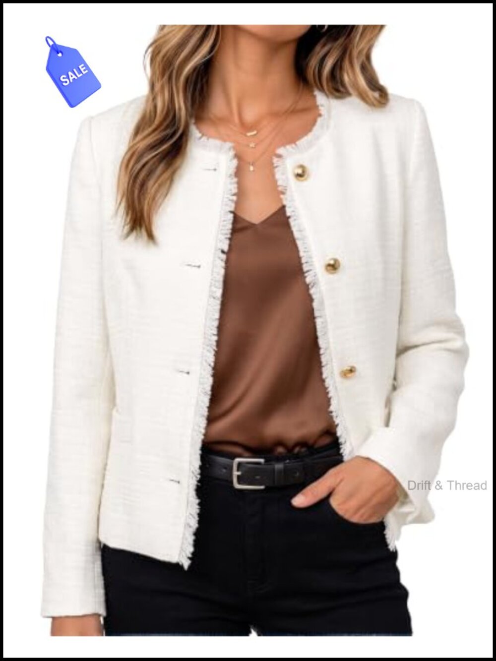 Tweed Blazer Women Collarless Button Front Work Jacket